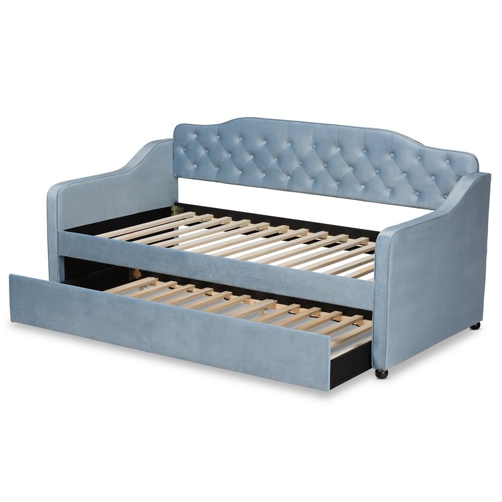 Baxton Studio - Freda Twin Size Daybed with Trundle in Light Blue  - Freda-Light Blue Velvet-Daybed-T/T view 5