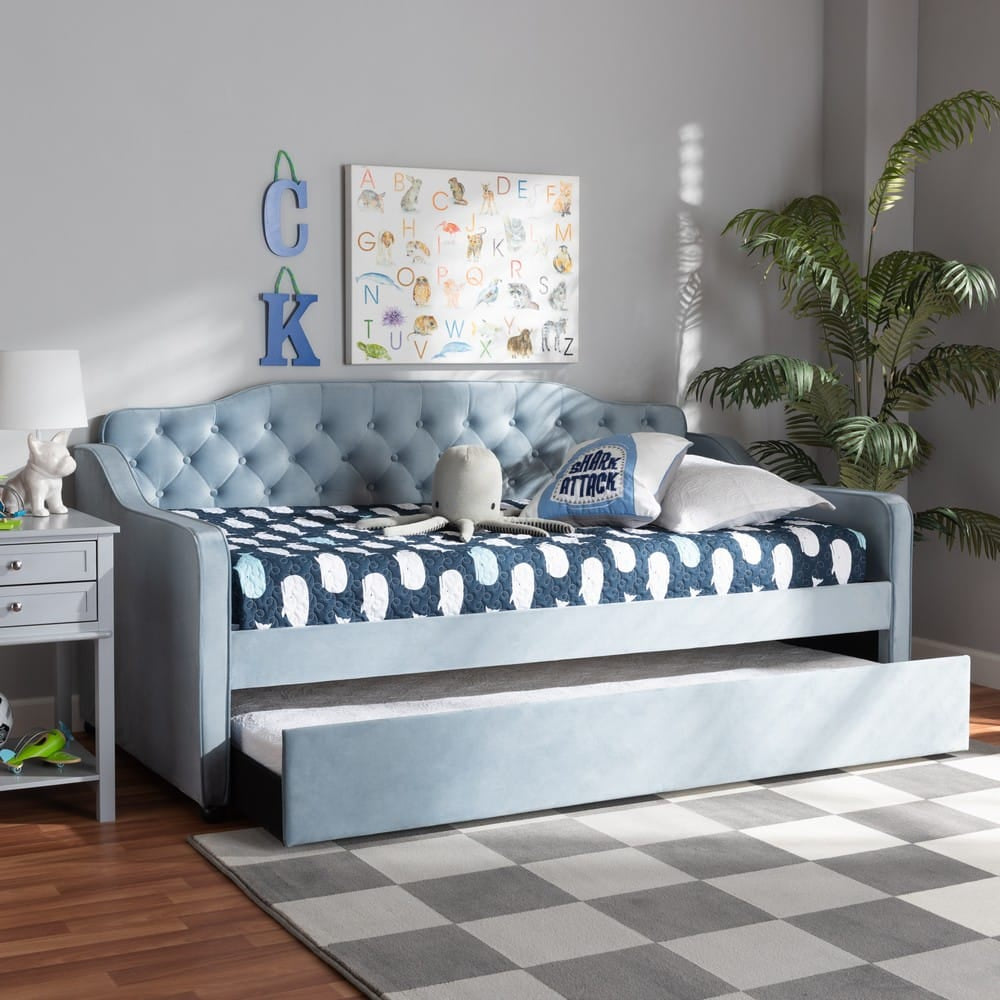 Baxton Studio - Freda Twin Size Daybed with Trundle in Light Blue  - Freda-Light Blue Velvet-Daybed-T/T view 9