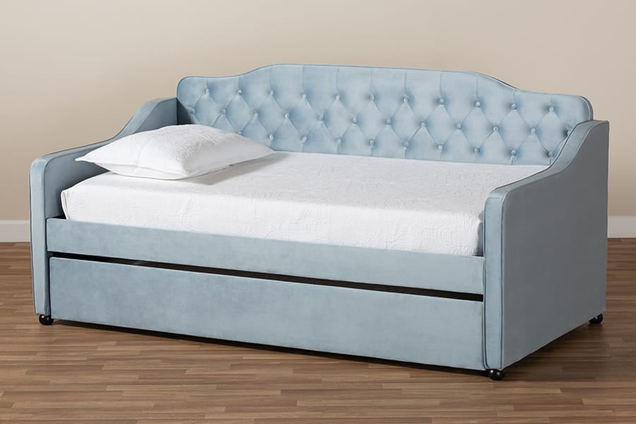 Baxton Studio - Freda Twin Size Daybed with Trundle in Light Blue  - Freda-Light Blue Velvet-Daybed-T/T view 10