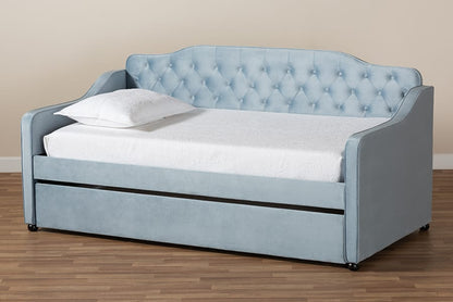 Baxton Studio - Freda Twin Size Daybed with Trundle in Light Blue  - Freda-Light Blue Velvet-Daybed-T/T view 10