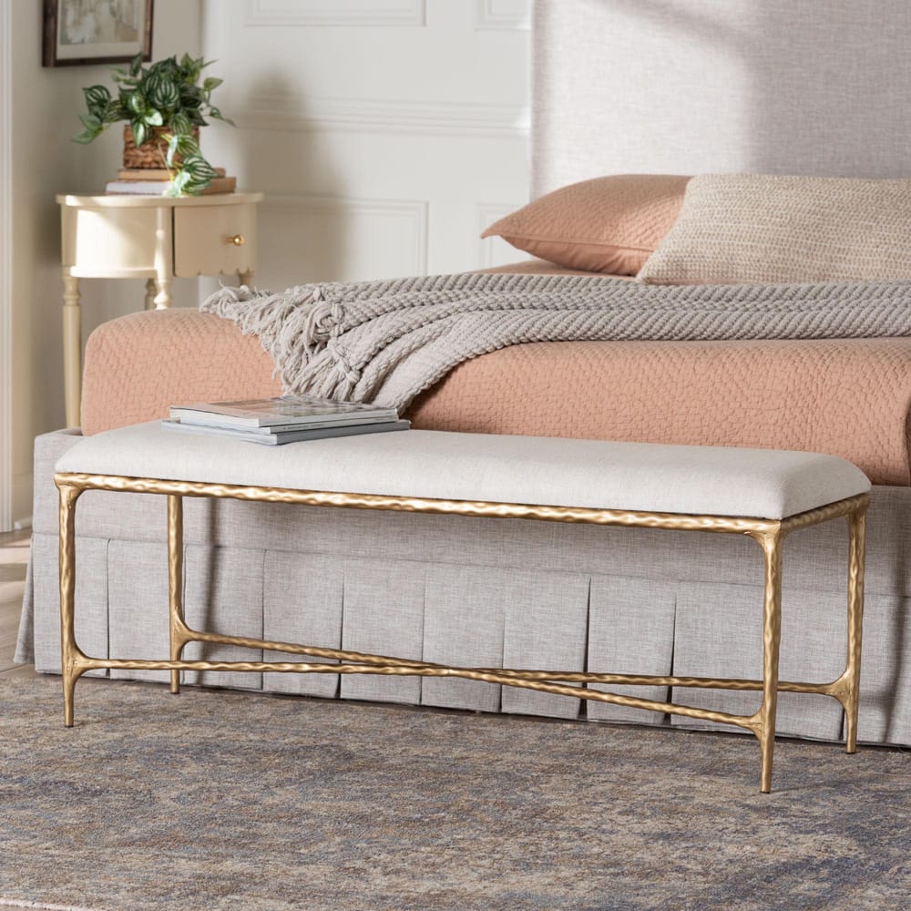 Baxton Studio - Fumiye Bench in Ivory/Gold - FUR6883-Upholstered Hammer Base-Bench view 6