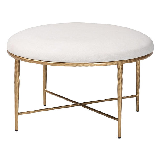 Baxton Studio - Fumiye Ottoman in Ivory/Gold - FUR6884-Upholstered Hammer Base-Ottoman view 1
