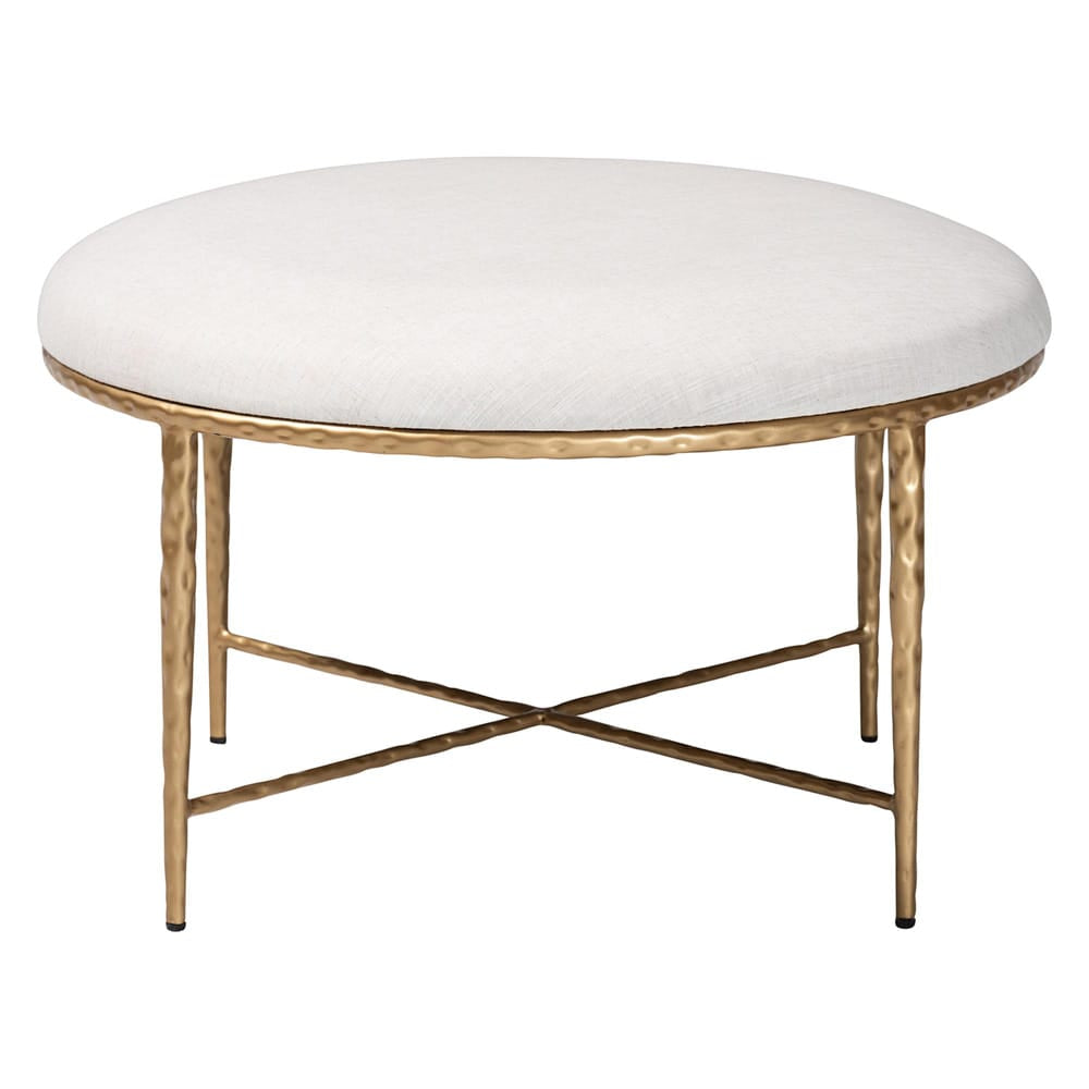Baxton Studio - Fumiye Ottoman in Ivory/Gold - FUR6884-Upholstered Hammer Base-Ottoman view 2