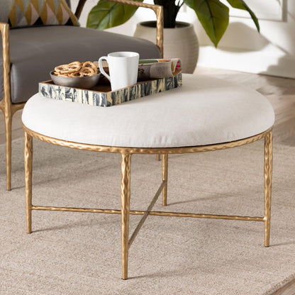 Baxton Studio - Fumiye Ottoman in Ivory/Gold - FUR6884-Upholstered Hammer Base-Ottoman view 6