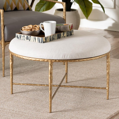 Baxton Studio - Fumiye Ottoman in Ivory/Gold - FUR6884-Upholstered Hammer Base-Ottoman view 11