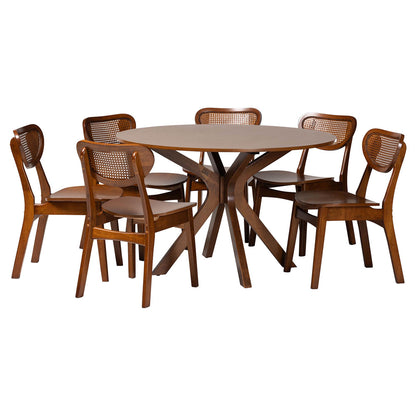 Baxton Studio - Giuliana Dining Set in Walnut Brown/Brown - RH253C-Walnut Rattan-Round-7PC Dining Set view 1