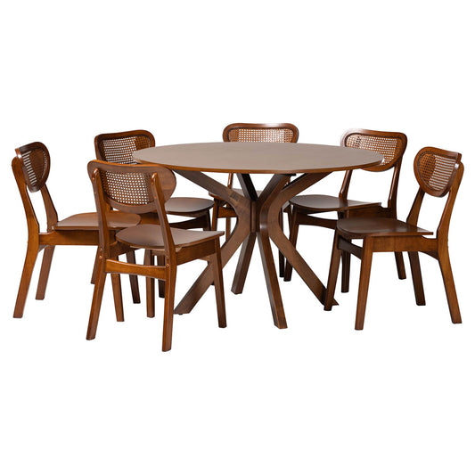 Baxton Studio - Giuliana Dining Set in Walnut Brown/Brown - RH253C-Walnut Rattan-Round-7PC Dining Set view 1