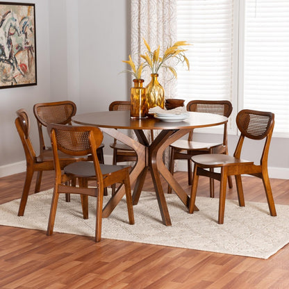 Baxton Studio - Giuliana Dining Set in Walnut Brown/Brown - RH253C-Walnut Rattan-Round-7PC Dining Set view 8
