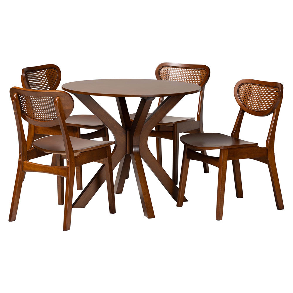 Baxton Studio - Giuliana Dining Set in Walnut Brown/Light Brown - RH253C-Walnut Rattan-Round-5PC Dining Set view 1