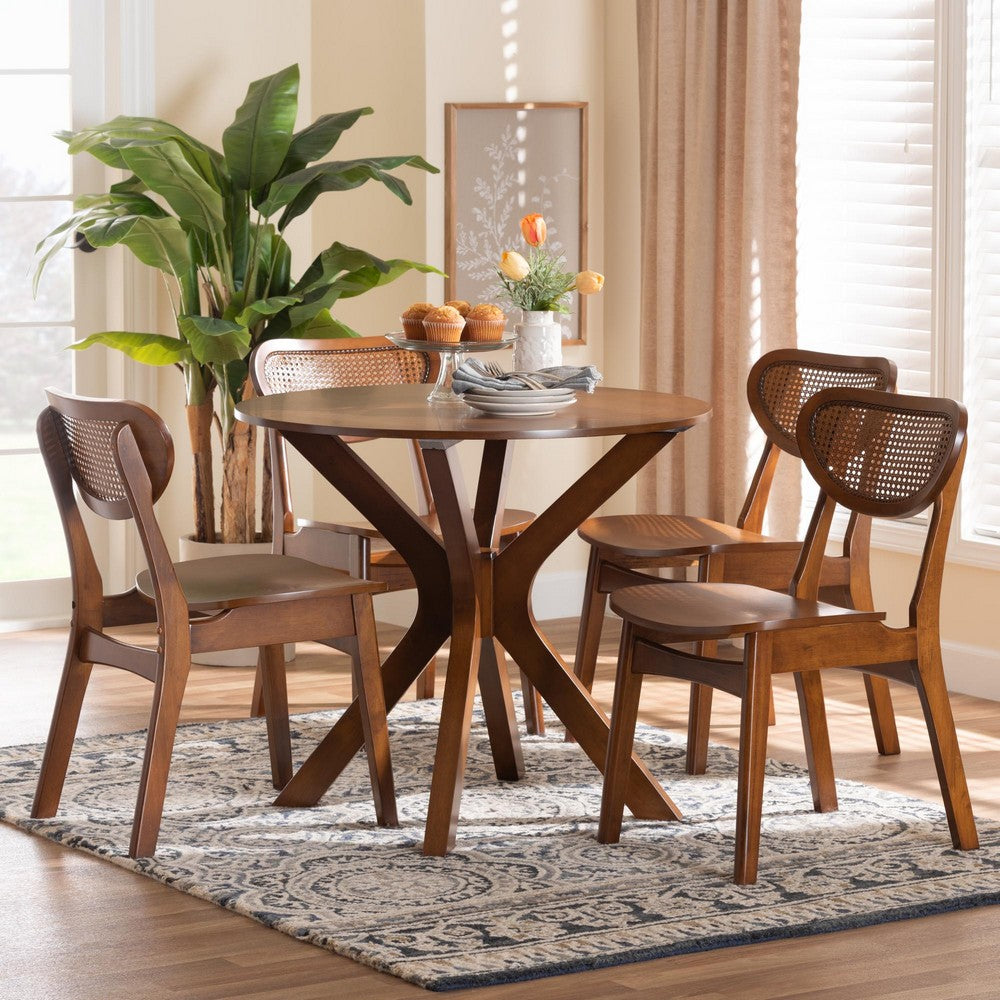 Baxton Studio - Giuliana Dining Set in Walnut Brown/Light Brown - RH253C-Walnut Rattan-Round-5PC Dining Set view 8