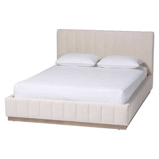 Baxton Studio - Granger Queen Size Bed in Alabaster White - BBT61347-Alabaster White Velvet/White Washed Oak-Queen view 1