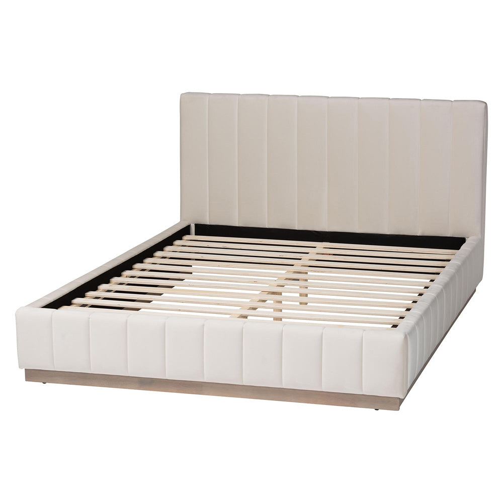Baxton Studio - Granger Queen Size Bed in Alabaster White - BBT61347-Alabaster White Velvet/White Washed Oak-Queen view 3