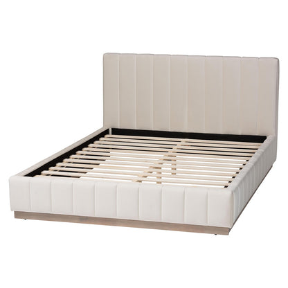 Baxton Studio - Granger Queen Size Bed in Alabaster White - BBT61347-Alabaster White Velvet/White Washed Oak-Queen view 3