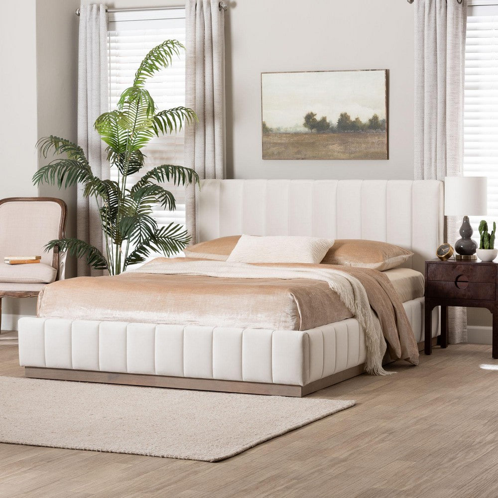 Baxton Studio - Granger Queen Size Bed in Alabaster White - BBT61347-Alabaster White Velvet/White Washed Oak-Queen view 7