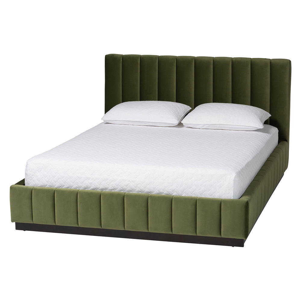 Baxton Studio - Granger Queen Size Bed in Moss Green/Wenge - BBT61347-Moss Green Velvet/Wenge-Queen view 1