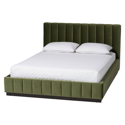 Baxton Studio - Granger Queen Size Bed in Moss Green/Wenge - BBT61347-Moss Green Velvet/Wenge-Queen view 1