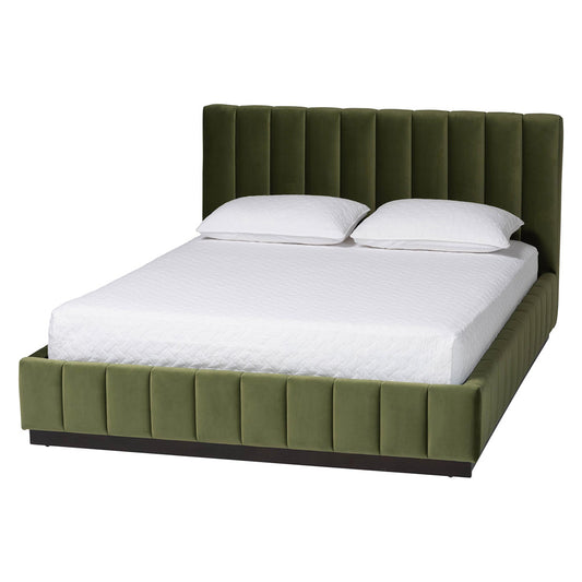Baxton Studio - Granger Queen Size Bed in Moss Green/Wenge - BBT61347-Moss Green Velvet/Wenge-Queen view 1