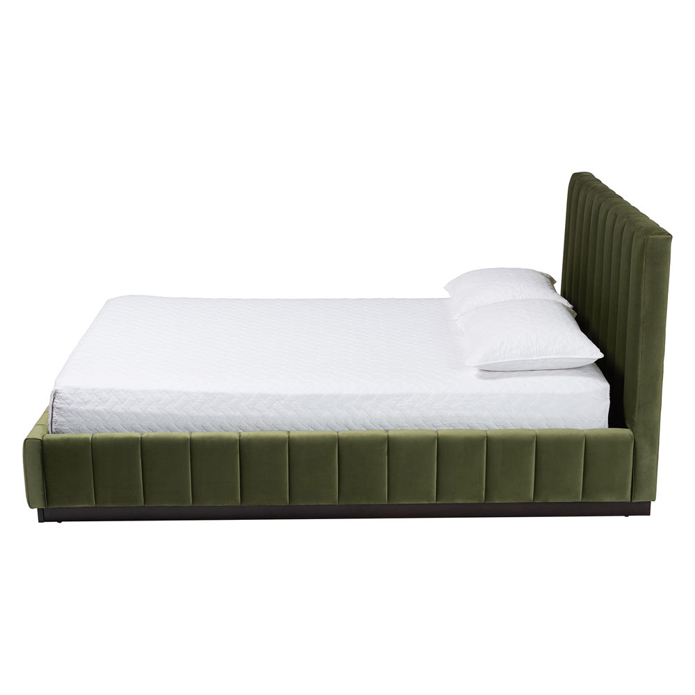 Baxton Studio - Granger Queen Size Bed in Moss Green/Wenge - BBT61347-Moss Green Velvet/Wenge-Queen view 2
