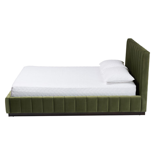 Baxton Studio - Granger Queen Size Bed in Moss Green/Wenge - BBT61347-Moss Green Velvet/Wenge-Queen view 2