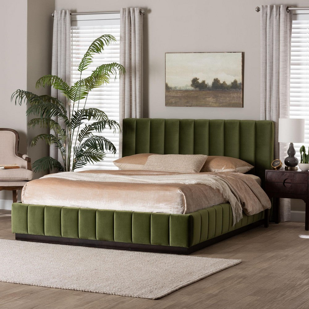 Baxton Studio - Granger Queen Size Bed in Moss Green/Wenge - BBT61347-Moss Green Velvet/Wenge-Queen view 7