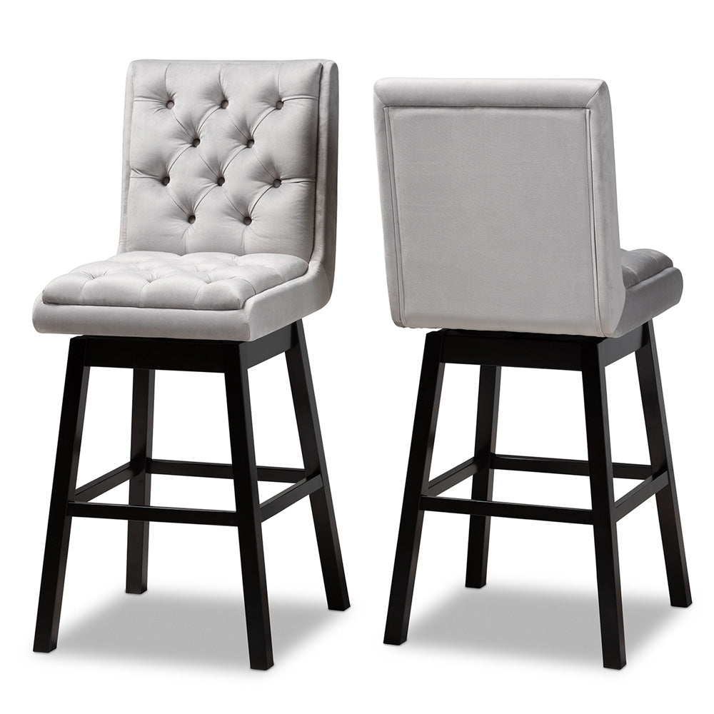 Baxton Studio - Gregory Set of 2 Bar Stools in Light Grey/ Dark Brown - BBT5372-Light Grey Velvet/Wenge-BS view 1