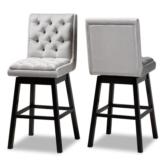 Baxton Studio - Gregory Set of 2 Bar Stools in Light Grey/ Dark Brown - BBT5372-Light Grey Velvet/Wenge-BS view 1