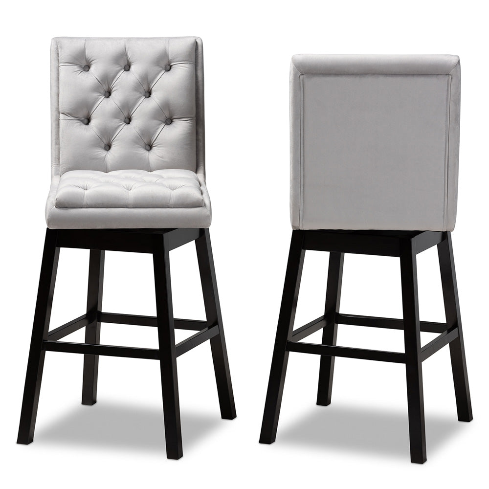 Baxton Studio - Gregory Set of 2 Bar Stools in Light Grey/ Dark Brown - BBT5372-Light Grey Velvet/Wenge-BS view 2