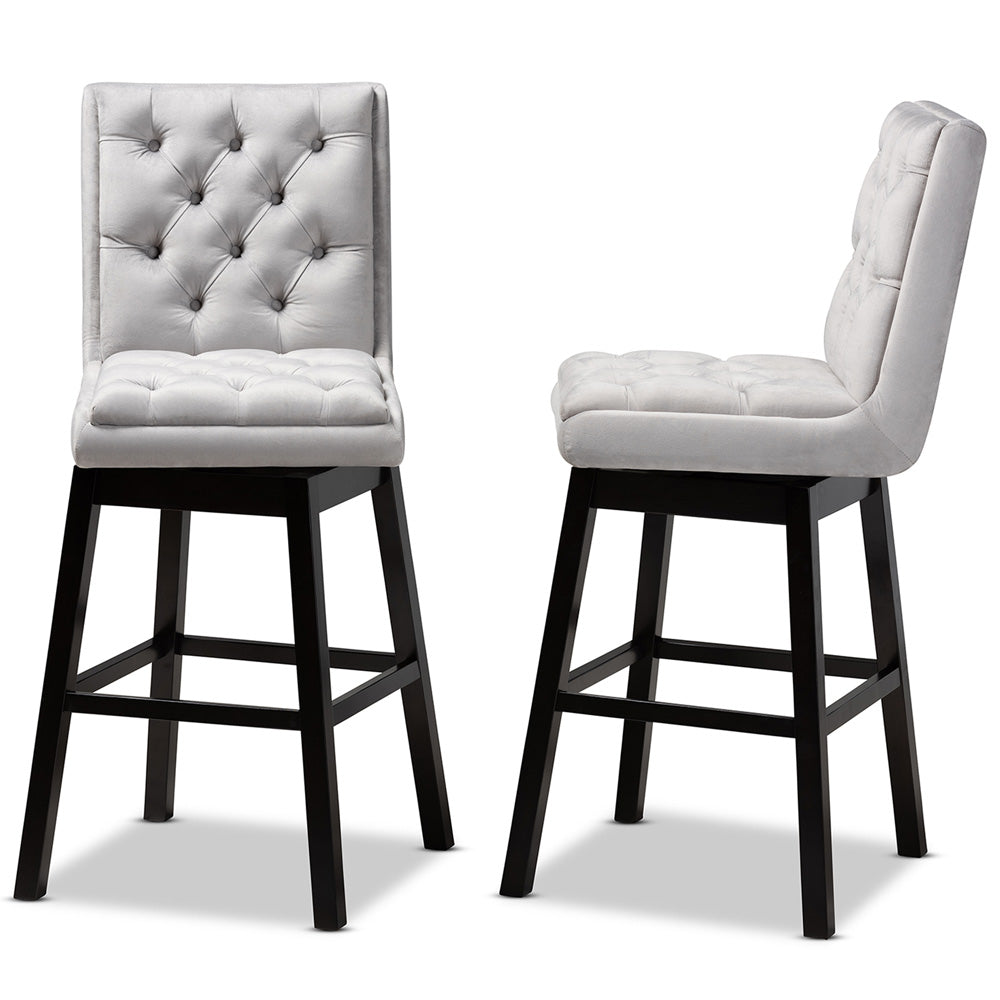 Baxton Studio - Gregory Set of 2 Bar Stools in Light Grey/ Dark Brown - BBT5372-Light Grey Velvet/Wenge-BS view 3