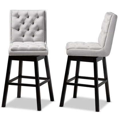 Baxton Studio - Gregory Set of 2 Bar Stools in Light Grey/ Dark Brown - BBT5372-Light Grey Velvet/Wenge-BS view 3