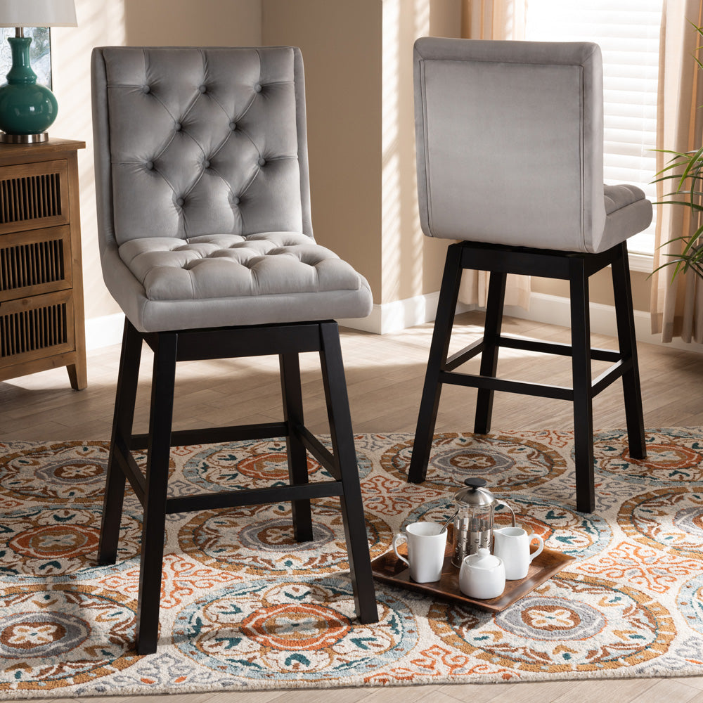Baxton Studio - Gregory Set of 2 Bar Stools in Light Grey/ Dark Brown - BBT5372-Light Grey Velvet/Wenge-BS view 6