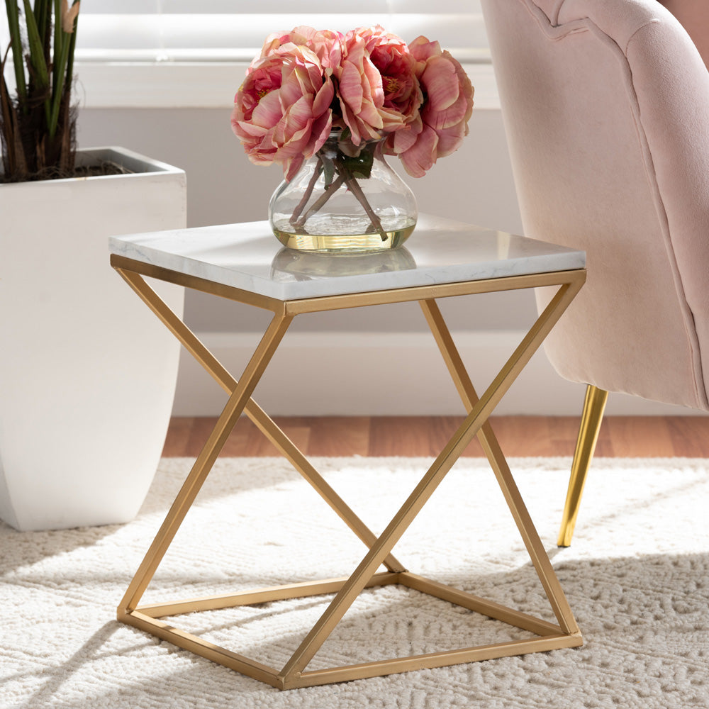 Baxton Studio - Hadley End Table in White/Gold - H01-94137-Metal/Marble Side Table view 5