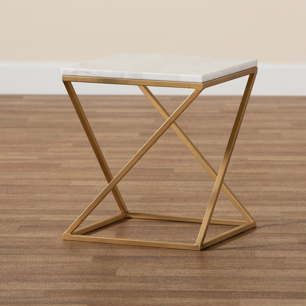 Baxton Studio - Hadley End Table in White/Gold - H01-94137-Metal/Marble Side Table view 6