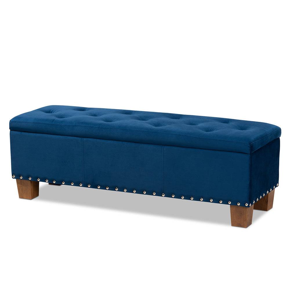 Baxton Studio - Hannah Storage Ottoman in Navy Blue/Brown - BBT3136-Navy Velvet/Walnut-Otto view 1