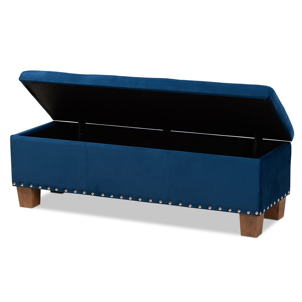 Baxton Studio - Hannah Storage Ottoman in Navy Blue/Brown - BBT3136-Navy Velvet/Walnut-Otto view 2
