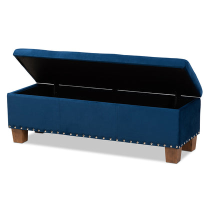 Baxton Studio - Hannah Storage Ottoman in Navy Blue/Brown - BBT3136-Navy Velvet/Walnut-Otto view 2