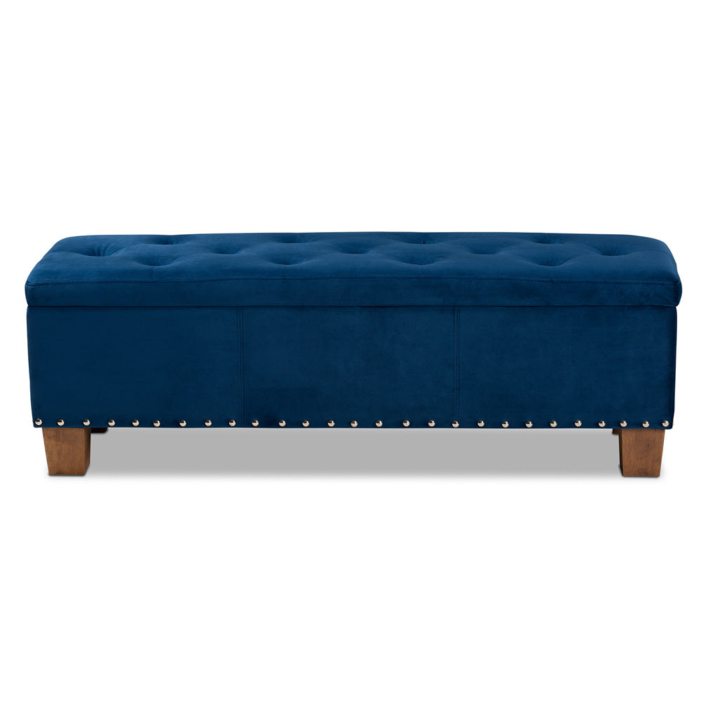 Baxton Studio - Hannah Storage Ottoman in Navy Blue/Brown - BBT3136-Navy Velvet/Walnut-Otto view 3