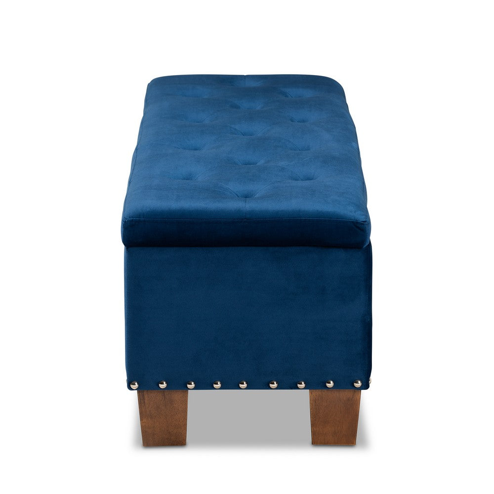Baxton Studio - Hannah Storage Ottoman in Navy Blue/Brown - BBT3136-Navy Velvet/Walnut-Otto view 4