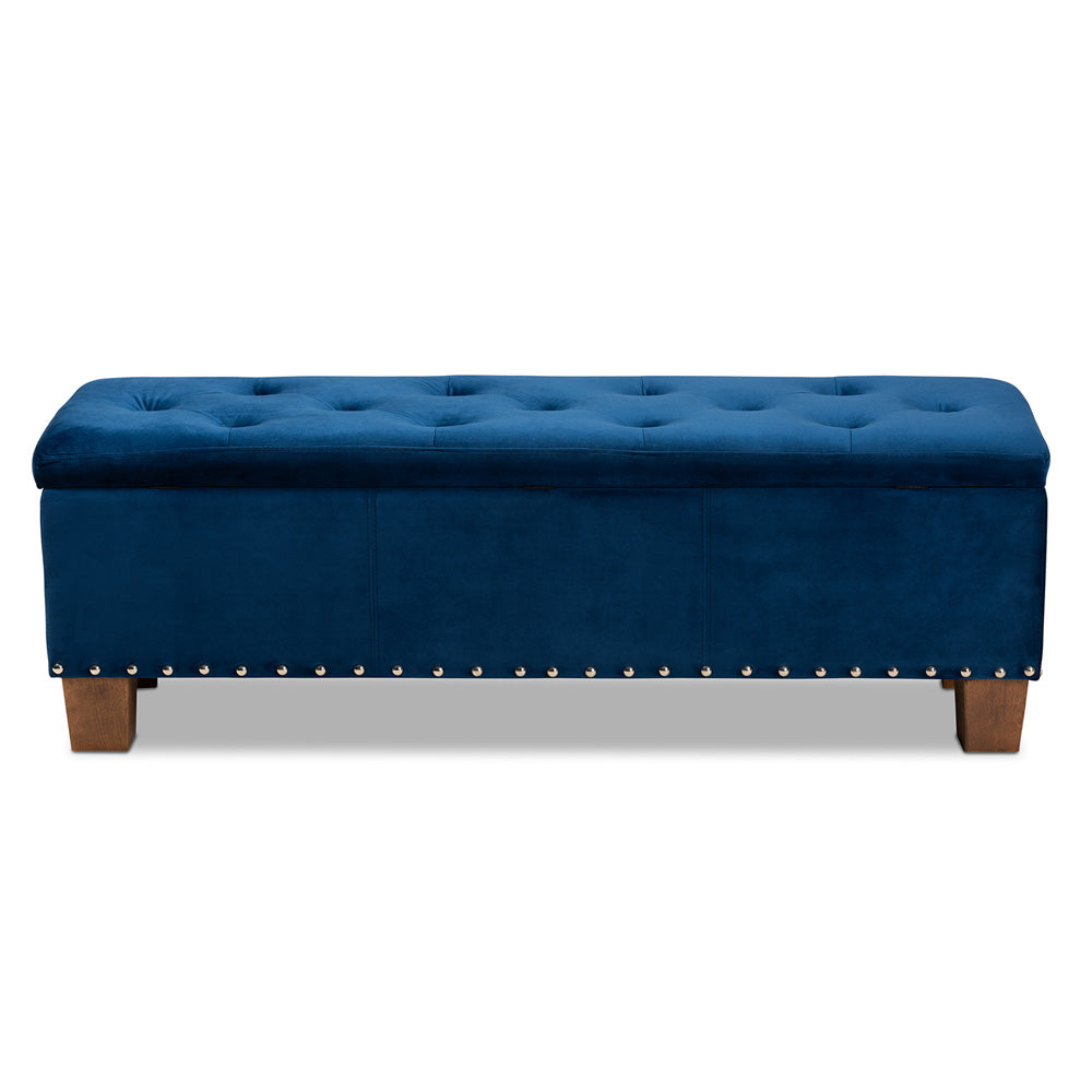 Baxton Studio - Hannah Storage Ottoman in Navy Blue/Brown - BBT3136-Navy Velvet/Walnut-Otto view 5
