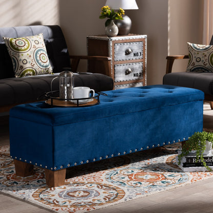 Baxton Studio - Hannah Storage Ottoman in Navy Blue/Brown - BBT3136-Navy Velvet/Walnut-Otto view 8