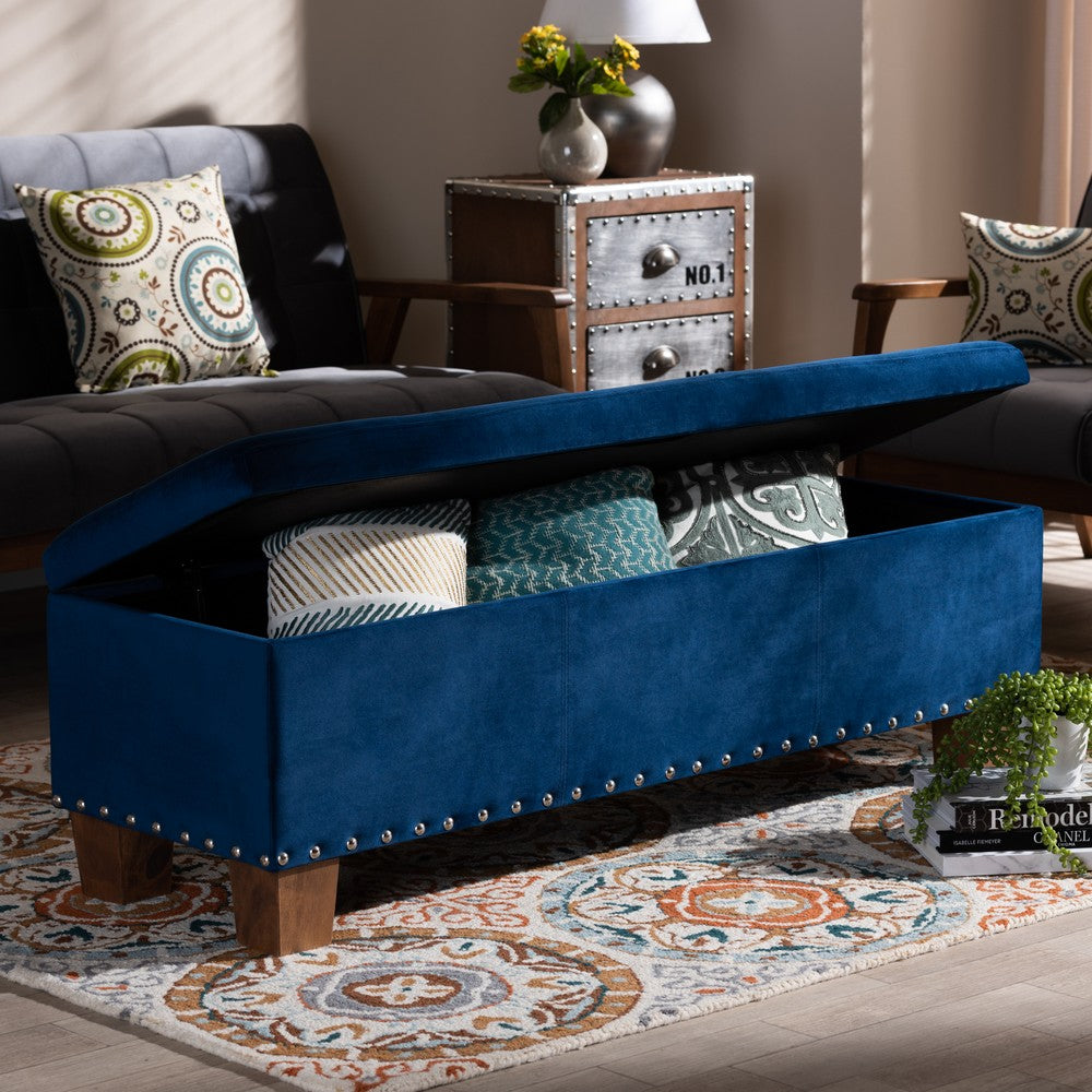 Baxton Studio - Hannah Storage Ottoman in Navy Blue/Brown - BBT3136-Navy Velvet/Walnut-Otto view 9