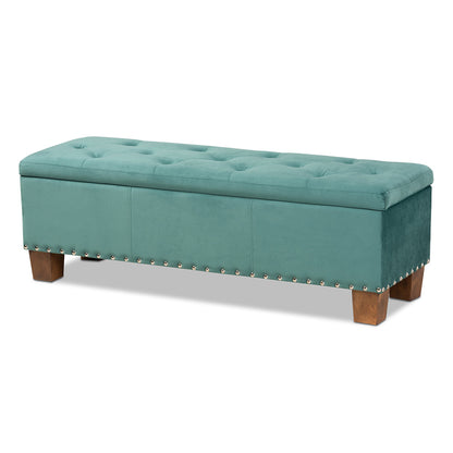 Baxton Studio - Hannah Storage Ottoman in Teal Blue/Brown - BBT3136-Teal Velvet/Walnut-Otto view 1