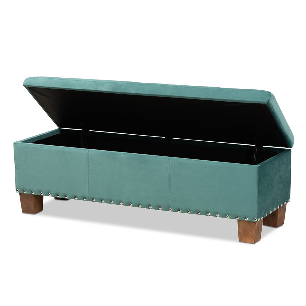 Baxton Studio - Hannah Storage Ottoman in Teal Blue/Brown - BBT3136-Teal Velvet/Walnut-Otto view 2