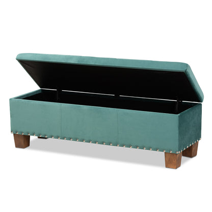 Baxton Studio - Hannah Storage Ottoman in Teal Blue/Brown - BBT3136-Teal Velvet/Walnut-Otto view 2