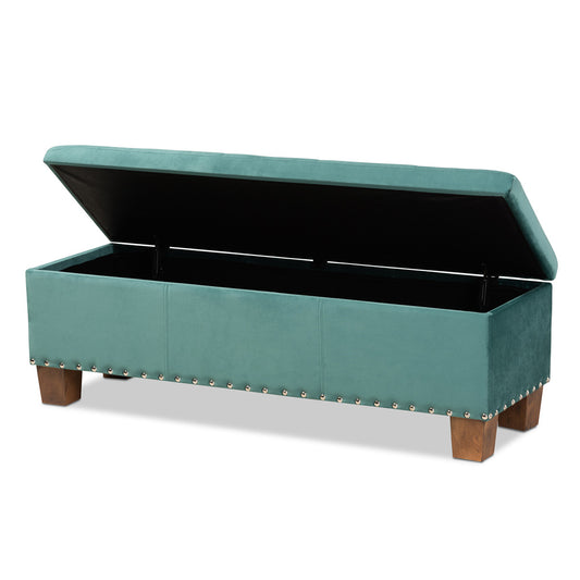 Baxton Studio - Hannah Storage Ottoman in Teal Blue/Brown - BBT3136-Teal Velvet/Walnut-Otto view 2