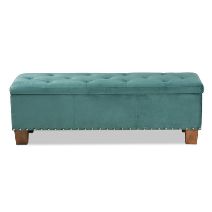 Baxton Studio - Hannah Storage Ottoman in Teal Blue/Brown - BBT3136-Teal Velvet/Walnut-Otto view 3