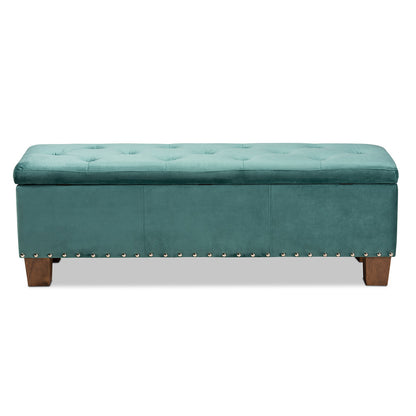 Baxton Studio - Hannah Storage Ottoman in Teal Blue/Brown - BBT3136-Teal Velvet/Walnut-Otto view 5