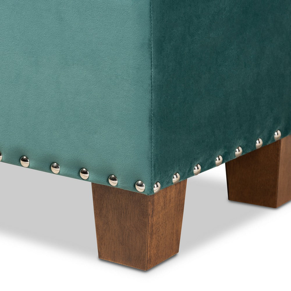 Baxton Studio - Hannah Storage Ottoman in Teal Blue/Brown - BBT3136-Teal Velvet/Walnut-Otto view 7