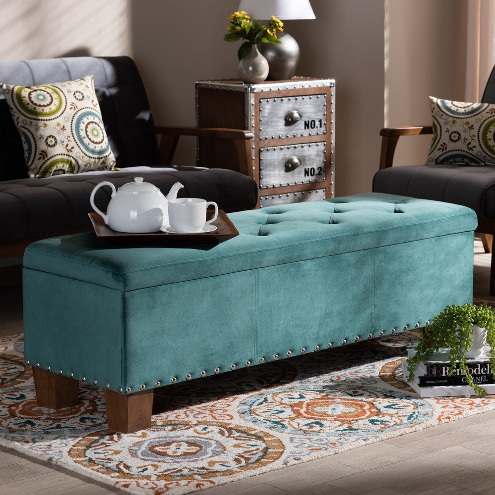 Baxton Studio - Hannah Storage Ottoman in Teal Blue/Brown - BBT3136-Teal Velvet/Walnut-Otto view 8