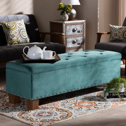 Baxton Studio - Hannah Storage Ottoman in Teal Blue/Brown - BBT3136-Teal Velvet/Walnut-Otto view 8