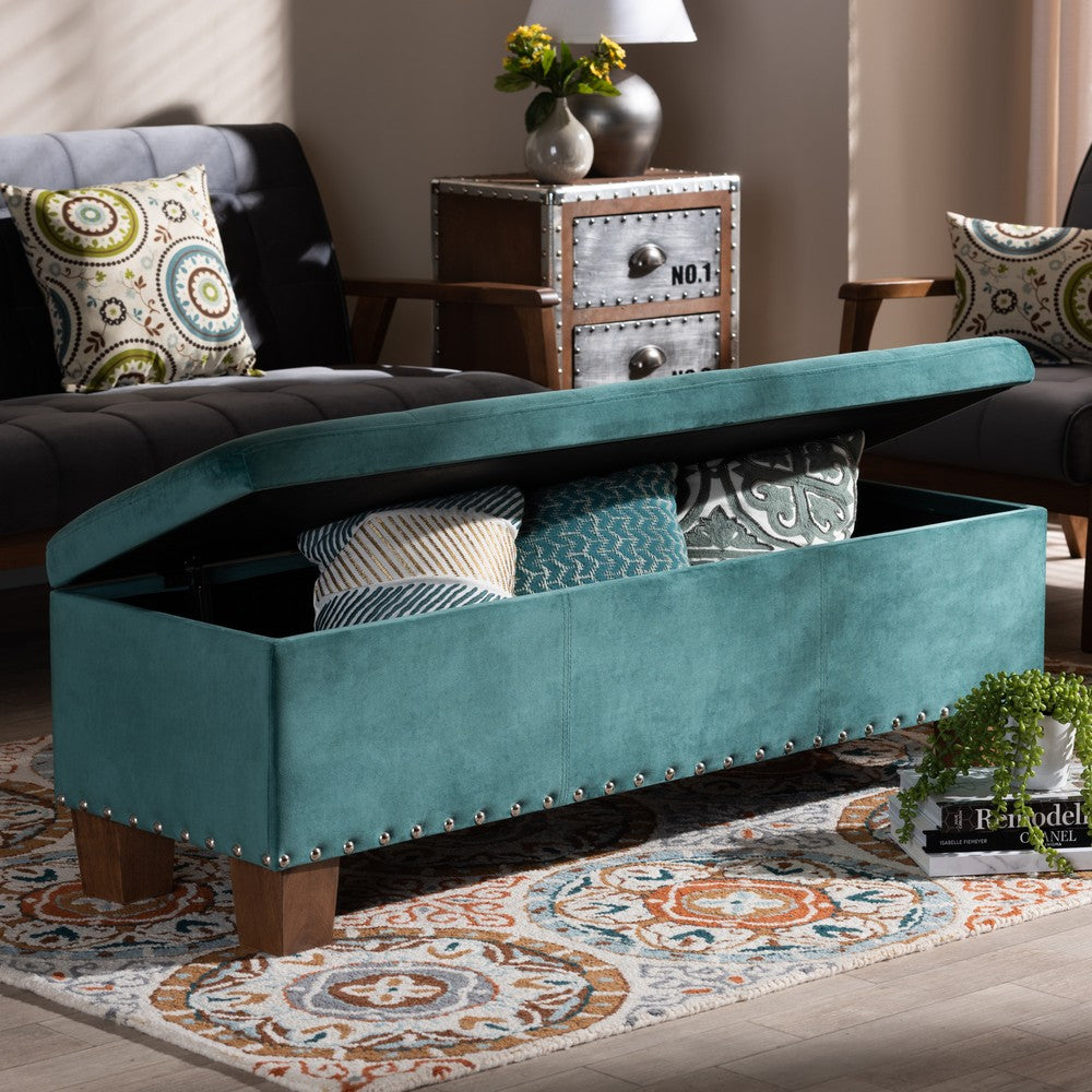 Baxton Studio - Hannah Storage Ottoman in Teal Blue/Brown - BBT3136-Teal Velvet/Walnut-Otto view 9
